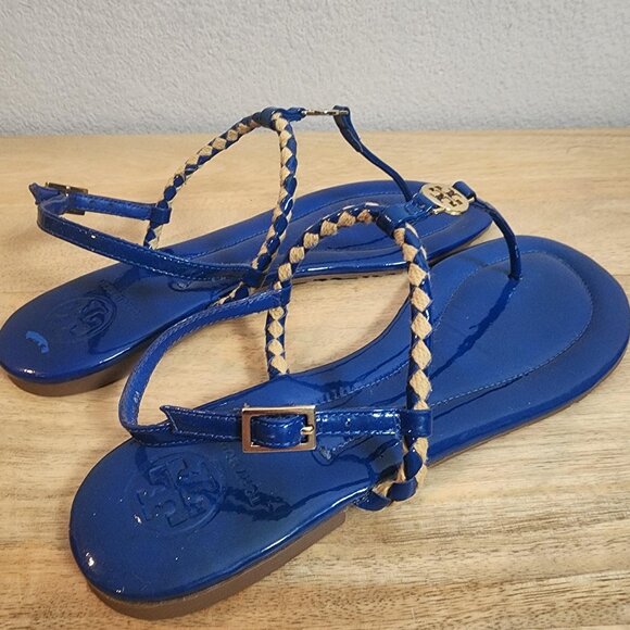 Tory Burch Sandals Womens Size 8 Blue Patent Leather Braided Thong Gold Logo - Picture 2 of 14